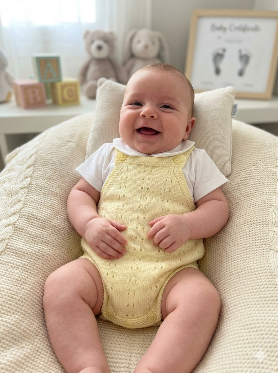 Bebé sorridente em roupa de malha amarela sentado em almofada creme com fundo difuso