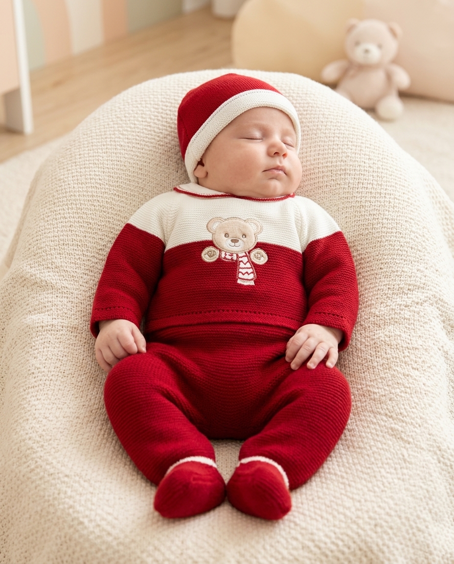 Bebé vestido com fato vermelho e branco sentado num puff bege