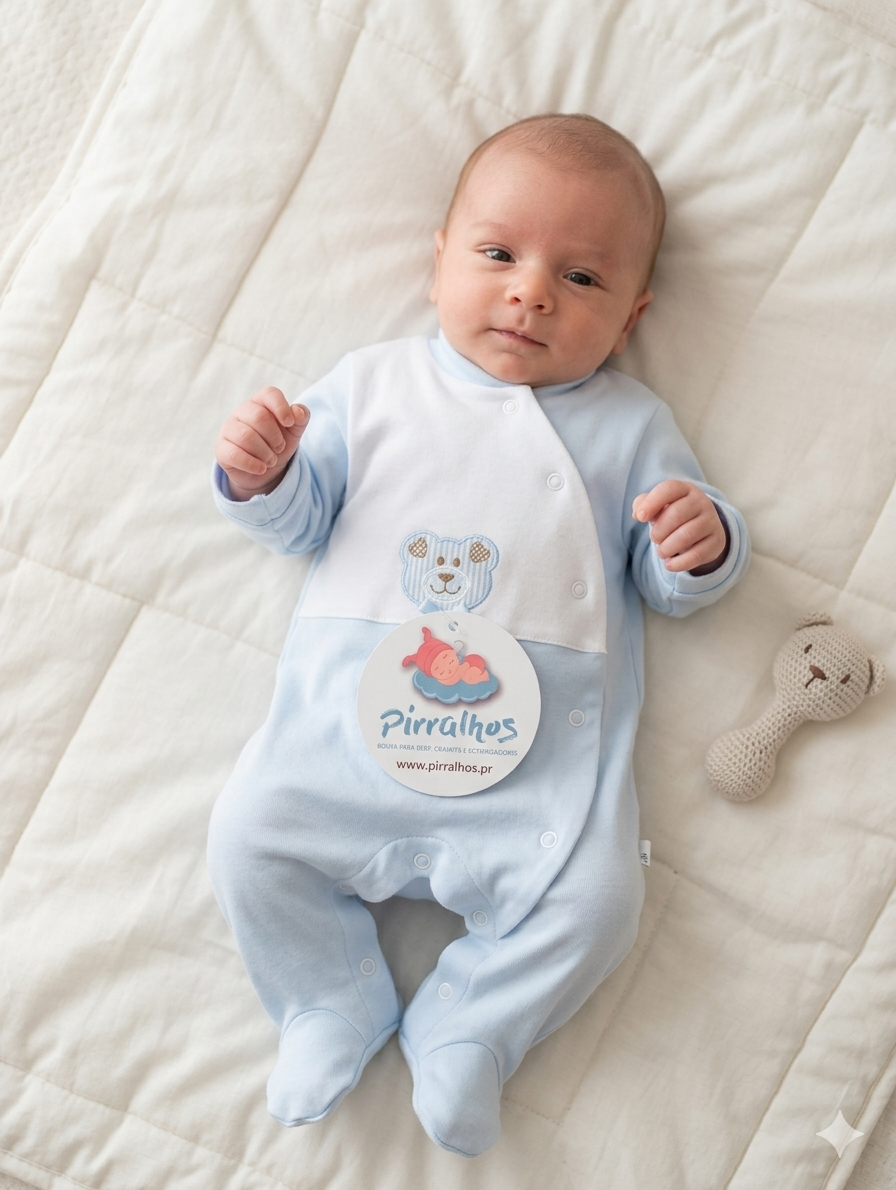 Fato de bebé azul claro com ursinho bordado e etiqueta Pirralhos num fundo branco macio, com brinquedo de malha ao lado.