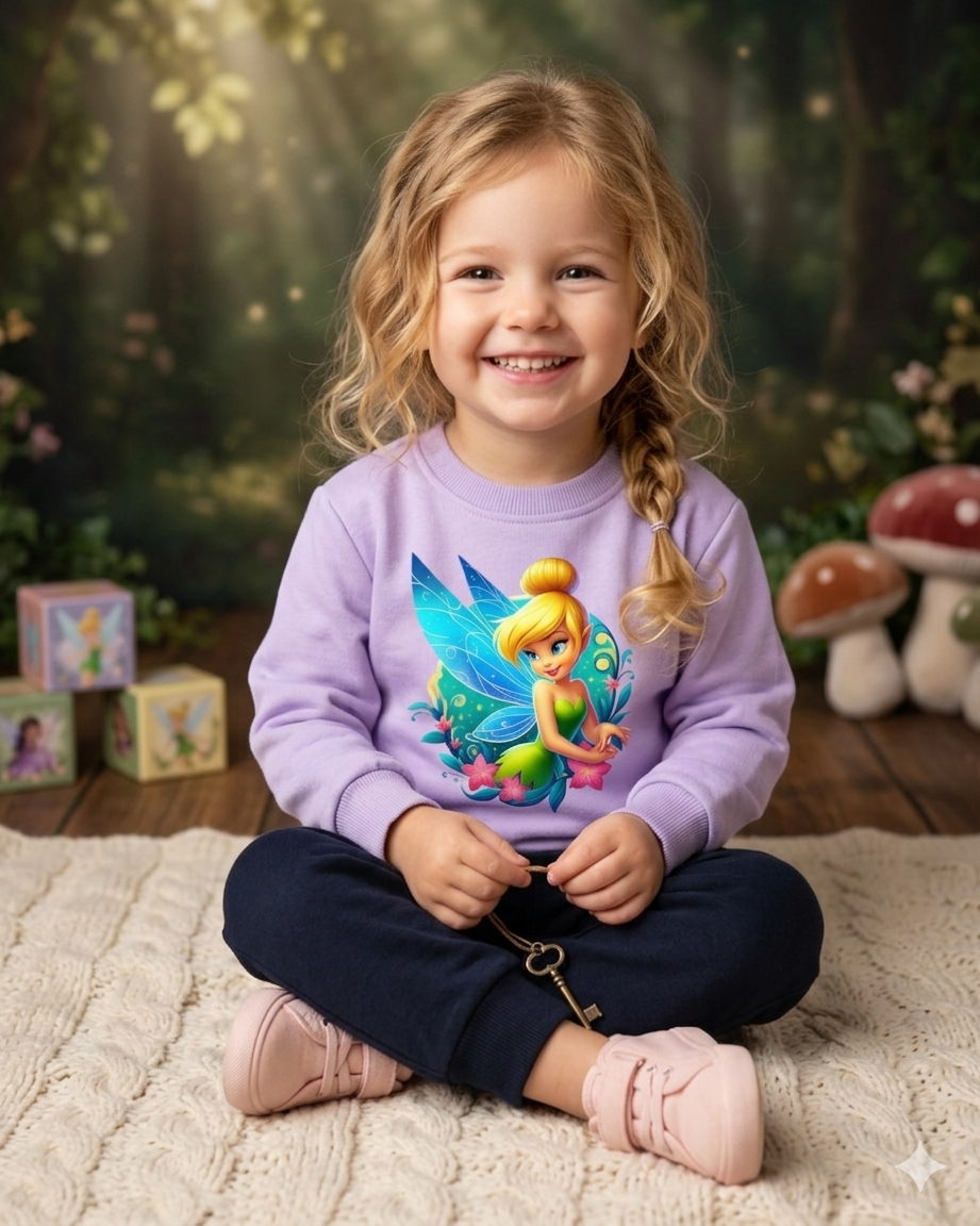 Menina sentada com camisola lilás com estampa de fada e calças azul-escuras