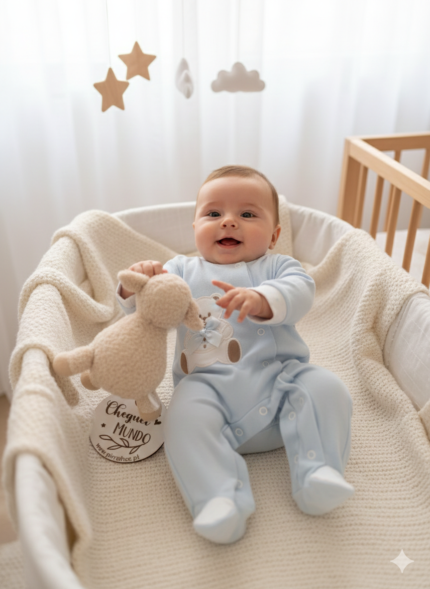 Bebé com pijama azul e brinquedo de peluche no berço com manta creme