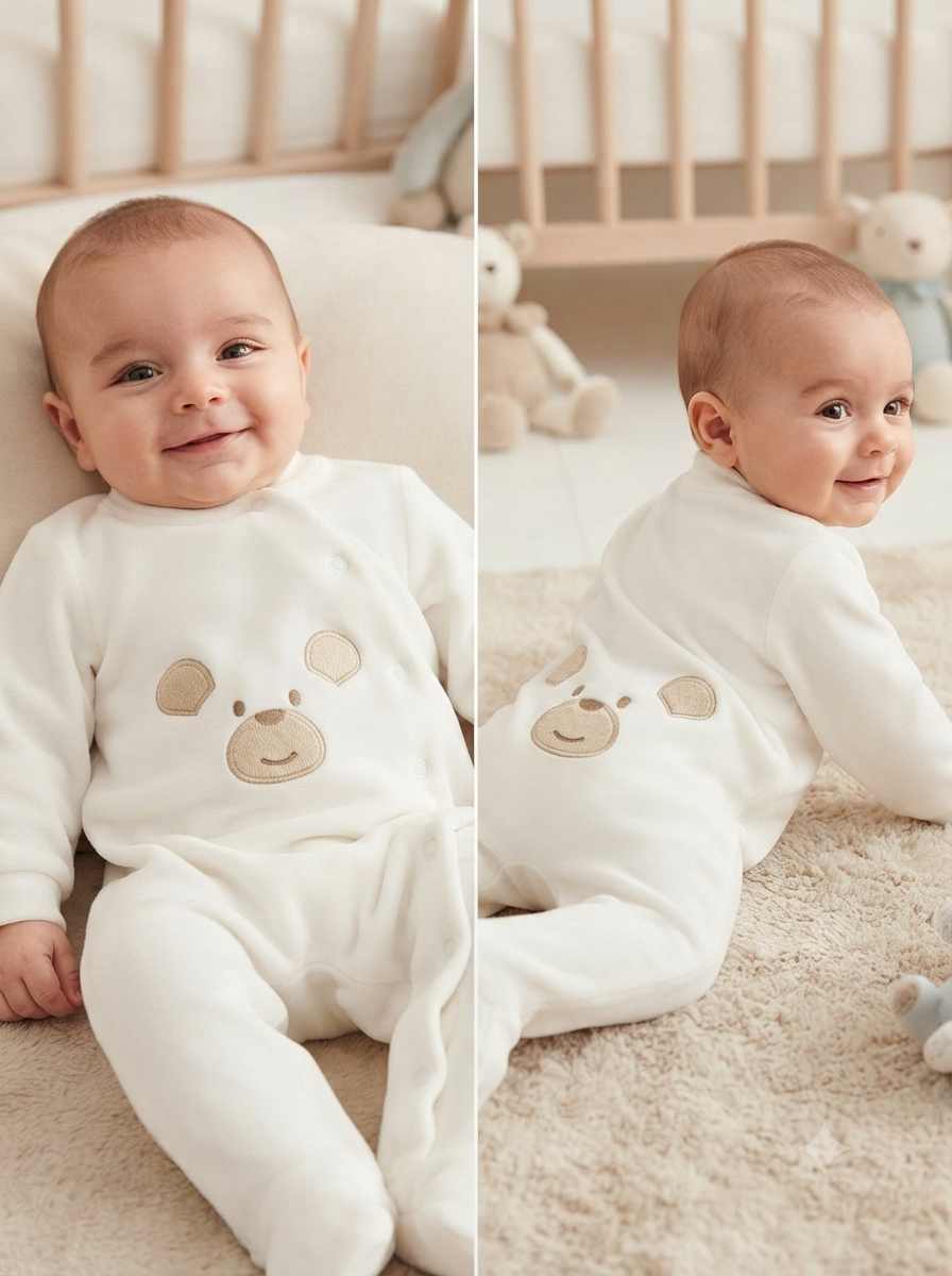 Bebé com macacão branco com rosto de urso bordado, em duas posições interiores com berço e peluches ao fundo.