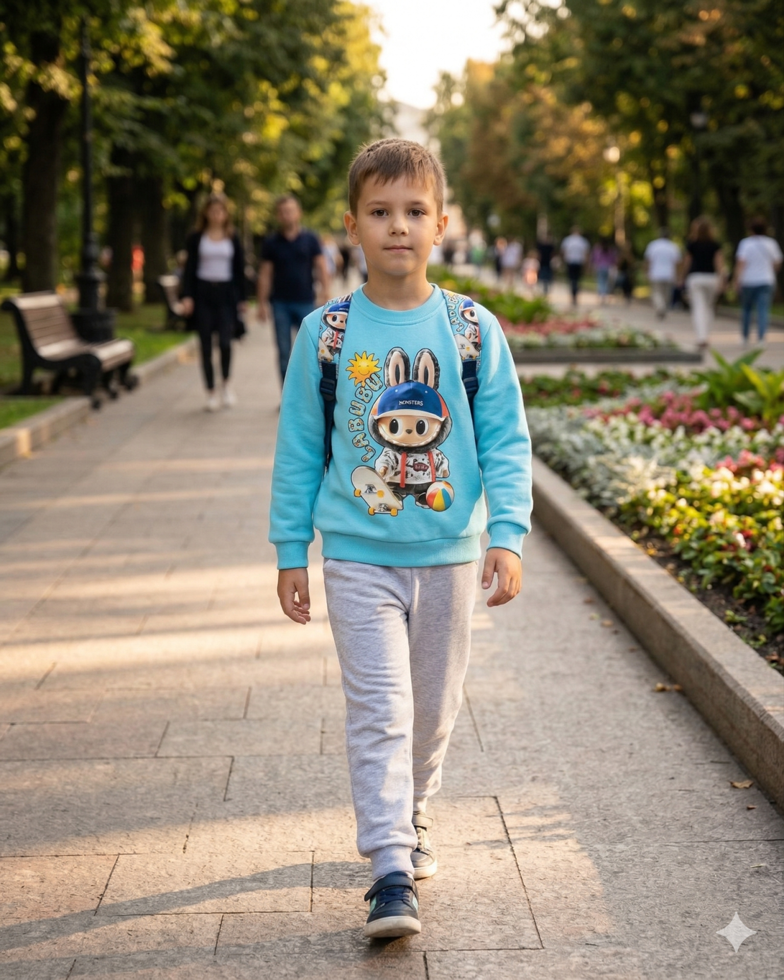Menino com sweatshirt azul e mochila a caminhar numa avenida de parque