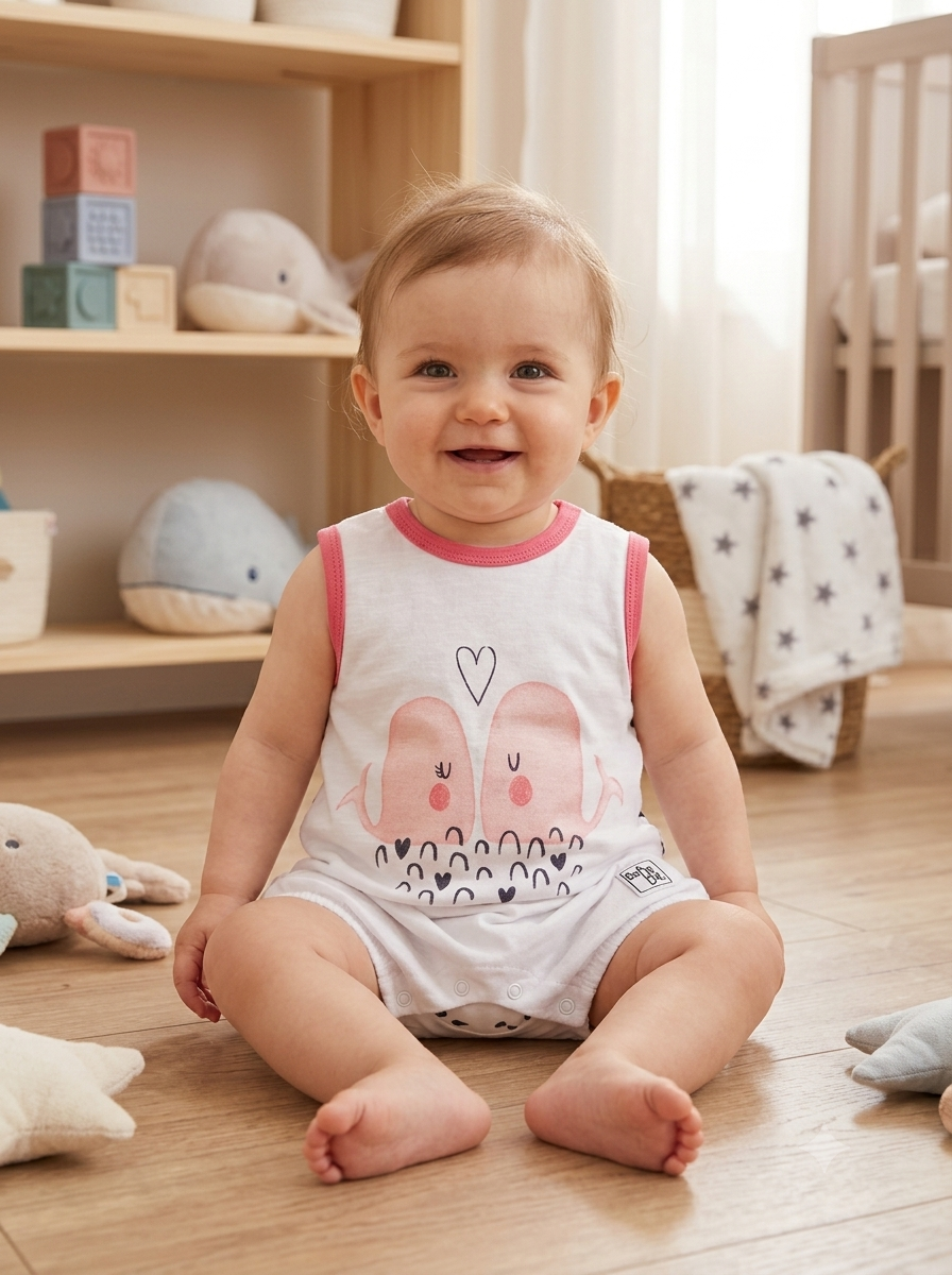 Bebé sentado com body branco e rosa com estampa de baleias, brinquedos ao redor e prateleira de madeira ao fundo