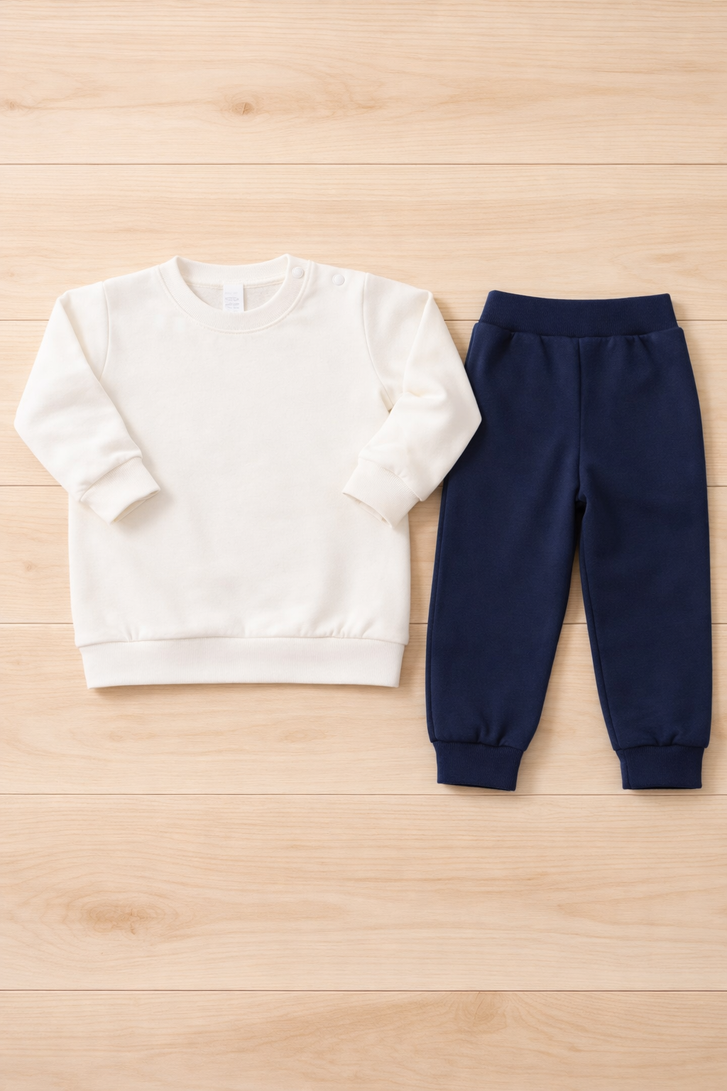 Conjunto de roupa para bebé com camisola branca e calças azul escuro