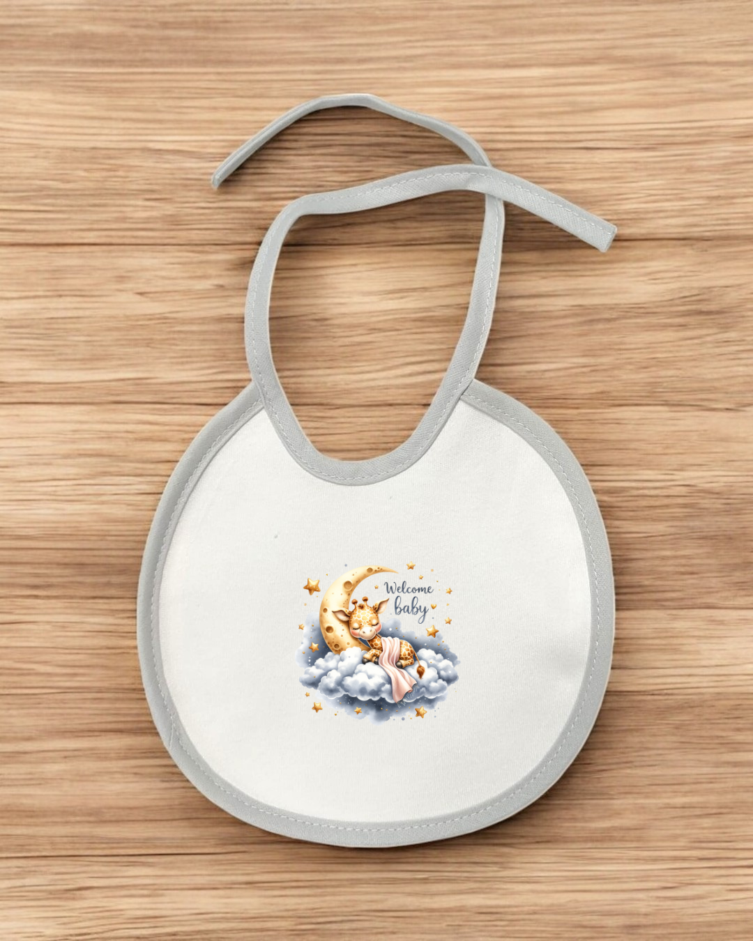 Babete de bebé branco com bordas cinzentas e ilustração de gato e lua