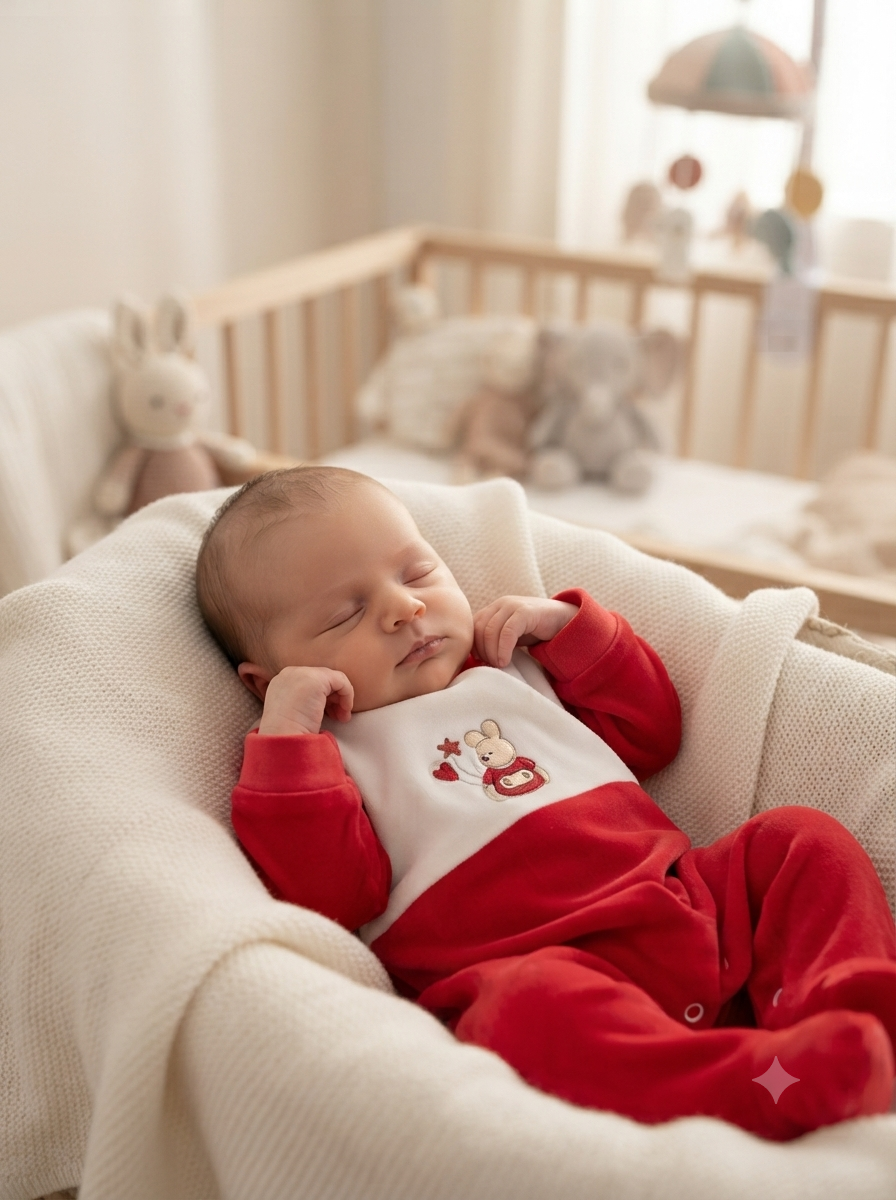 Bebé a dormir vestido com fato vermelho e branco com bordado de coelho, deitado numa manta branca,. cama de madeira clara e brinquedos peluche
