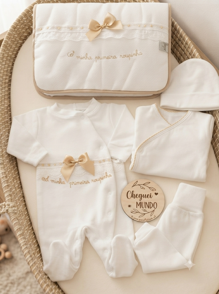 Conjunto de roupa de bebé branco e bege com bolsa, body, calças, camisola, gorro e placa decorativa