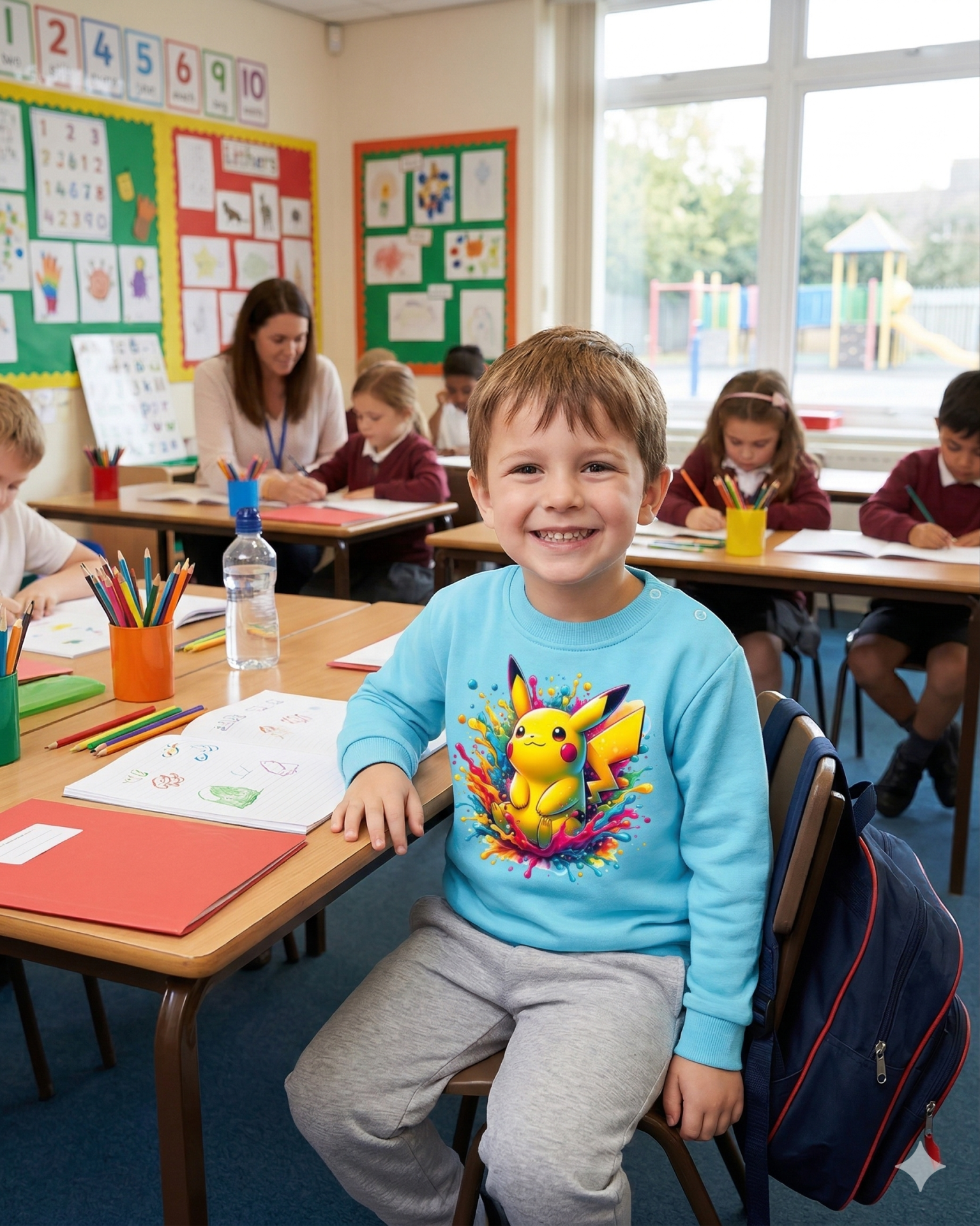 Menino sorridente com camisola azul claro estampada com Pikachu numa sala de aula