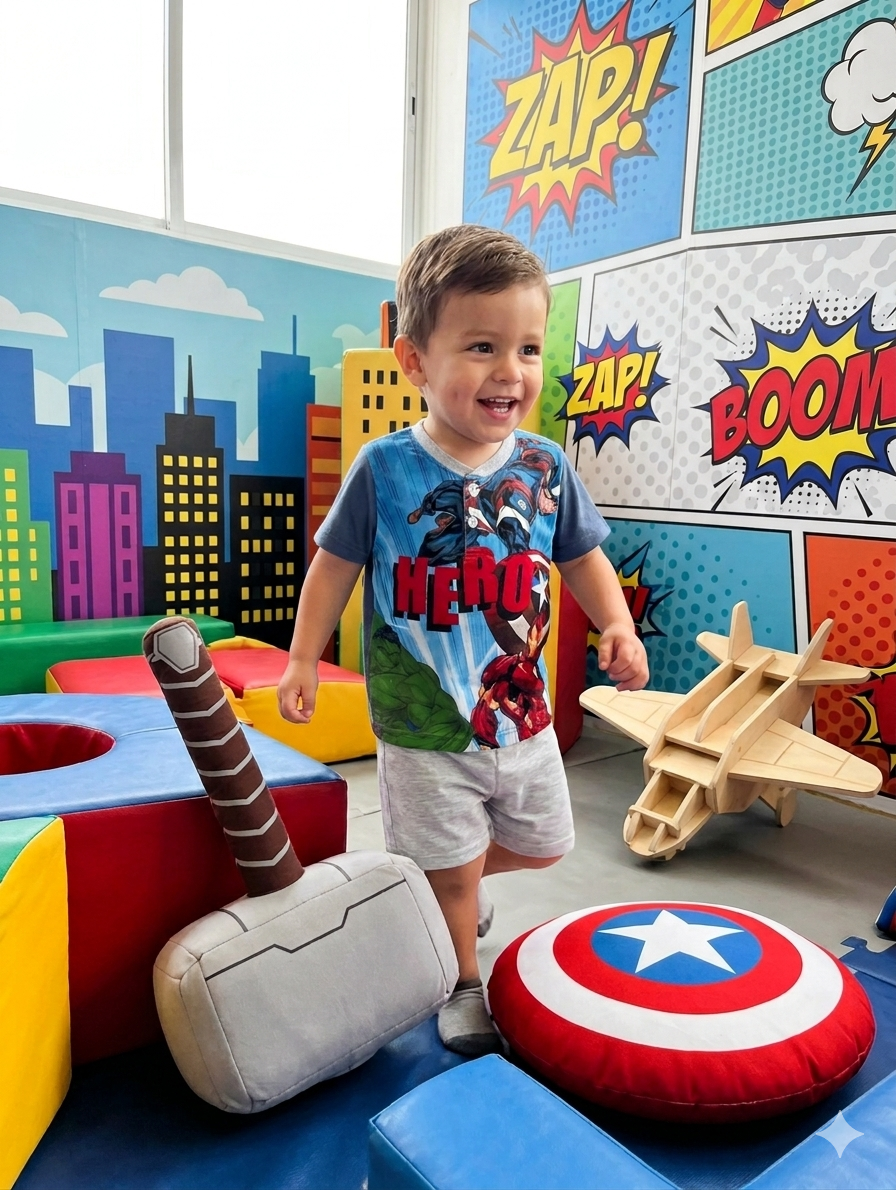 Criança com t-shirt de heróis e brinquedos temáticos em sala colorida