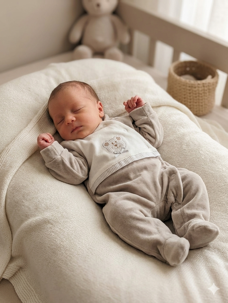 Bebé adormecido com pijama bege e ursinho bordado deitado em almofada creme num berço de madeira