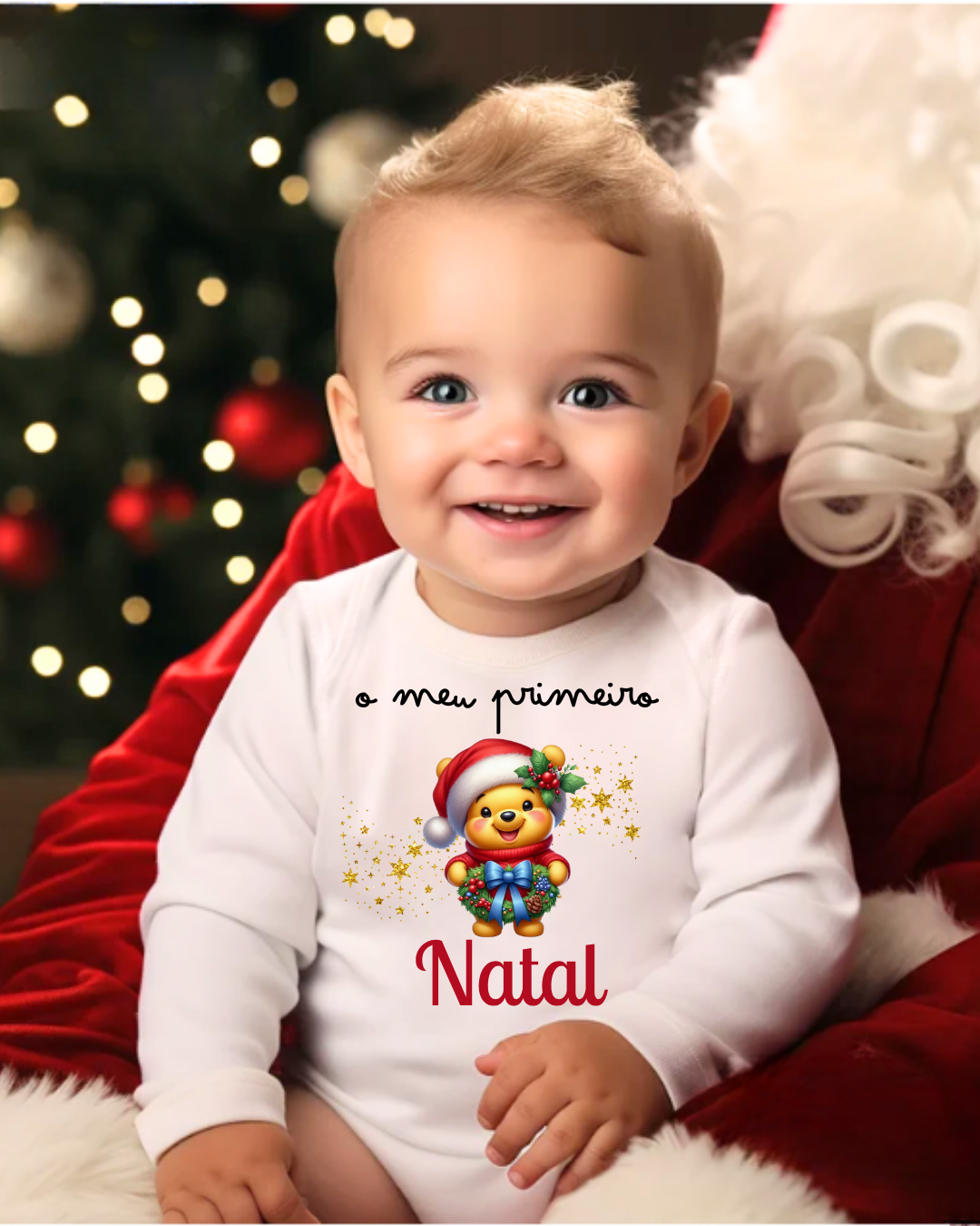 Body de bebé branco com estampa de Natal e texto 'o meu primeiro Natal'