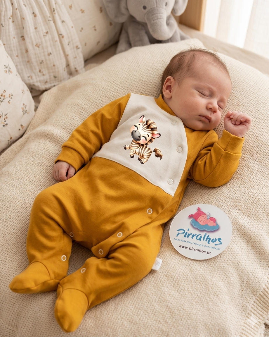 Bebé dormindo com pijama mostarda e bege com estampa de zebra, deitado numa manta beige com cartão com marca Pirralhos ao lado.