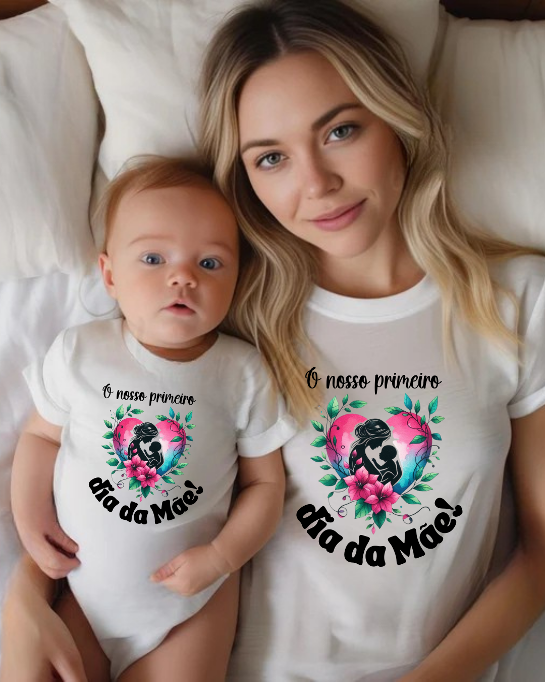 Mãe e bebé deitados com camisetas brancas estampadas com design colorido e texto 'O nosso primeiro dia da Mãe!'.