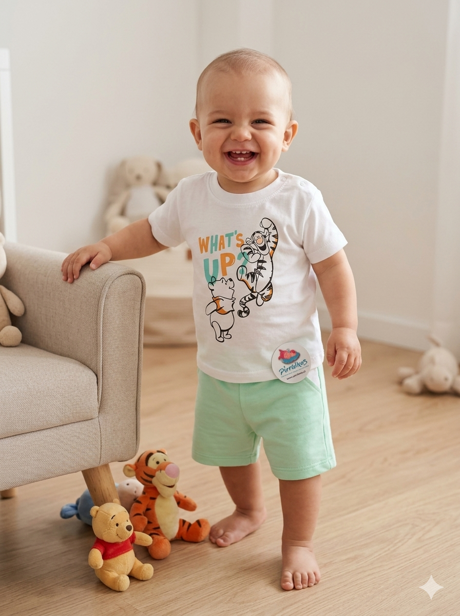 Bebé sorridente com camisola branca e calções verdes numa sala com peluches no chão.