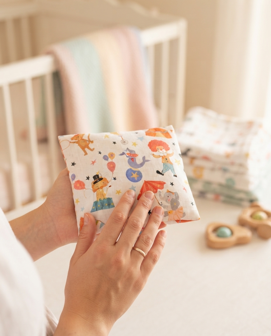 Fralda de tecido estampada com desenhos de circo nas mãos, com berço ao fundo