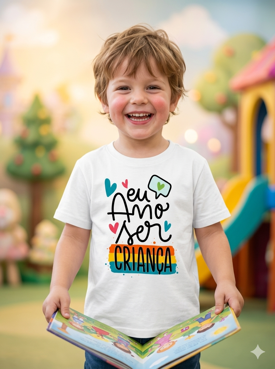 Criança sorridente com t-shirt branca e livro infantil ao ar livre