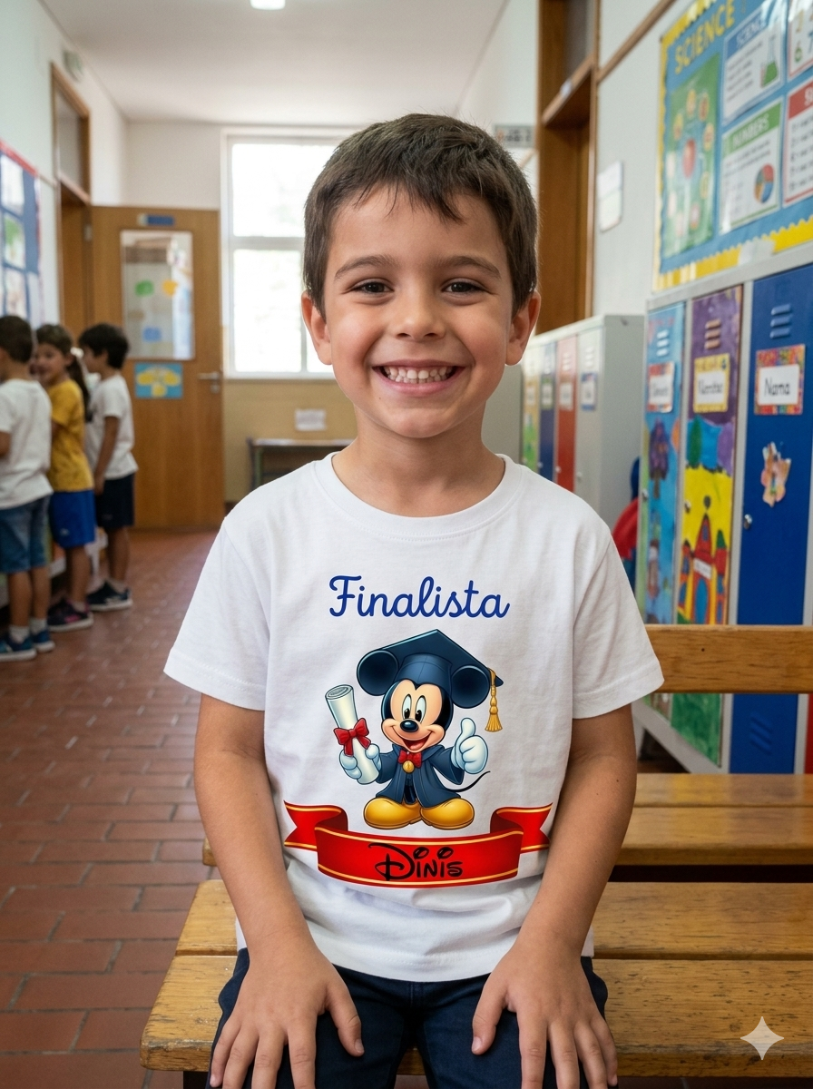 Camisola branca com estampa de Mickey Mouse e texto Finalista Dinis, criança sorridente sentada em banco numa sala de aula.