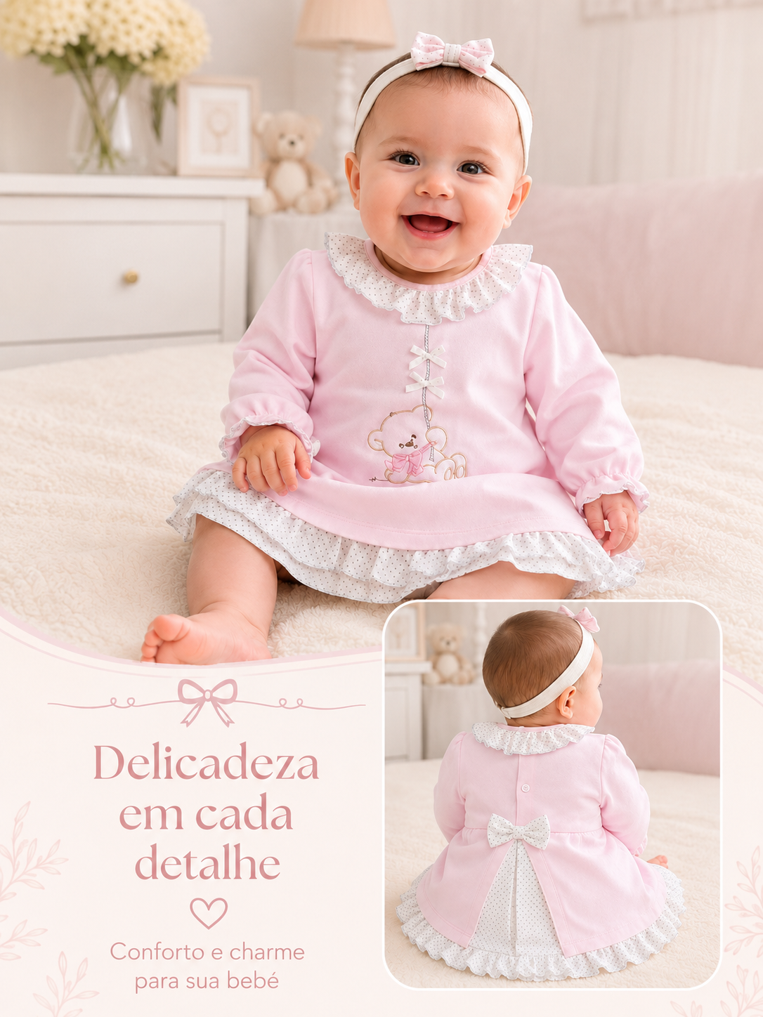Bebé a sorrir com vestido rosa e faixa de cabeça com laço