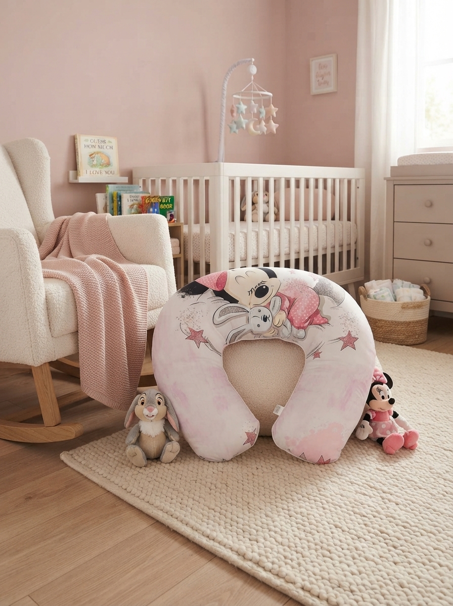 almofada de amamentação Minnie Mouse num quarto de bebé com berço e poltrona