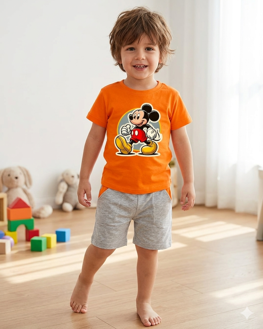 Menino com t-shirt laranja e calções cinza em quarto infantil com brinquedos
