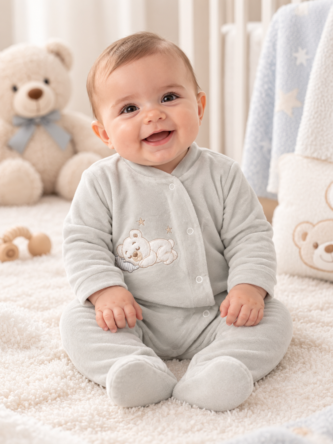Bebé sorridente com pijama cinzento claro com ursinho bordado sentado em tapete castanho claro