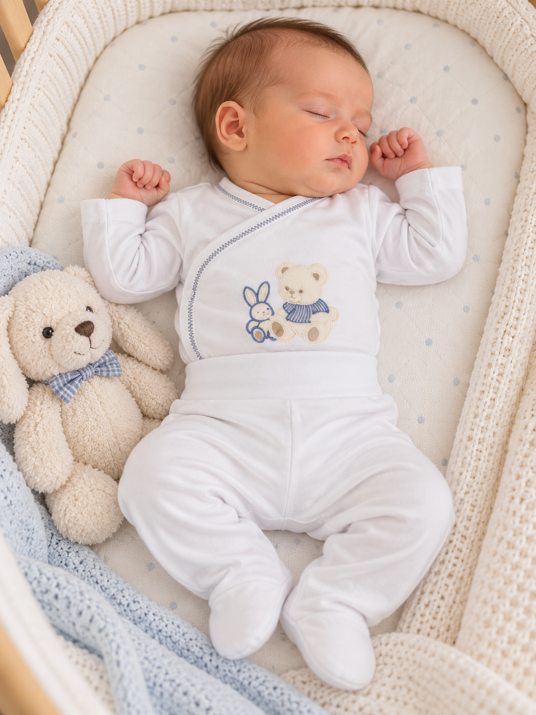 Bebé a dormir com fato branco e bordado de coelho e urso numa cama com edredão branco e peluche