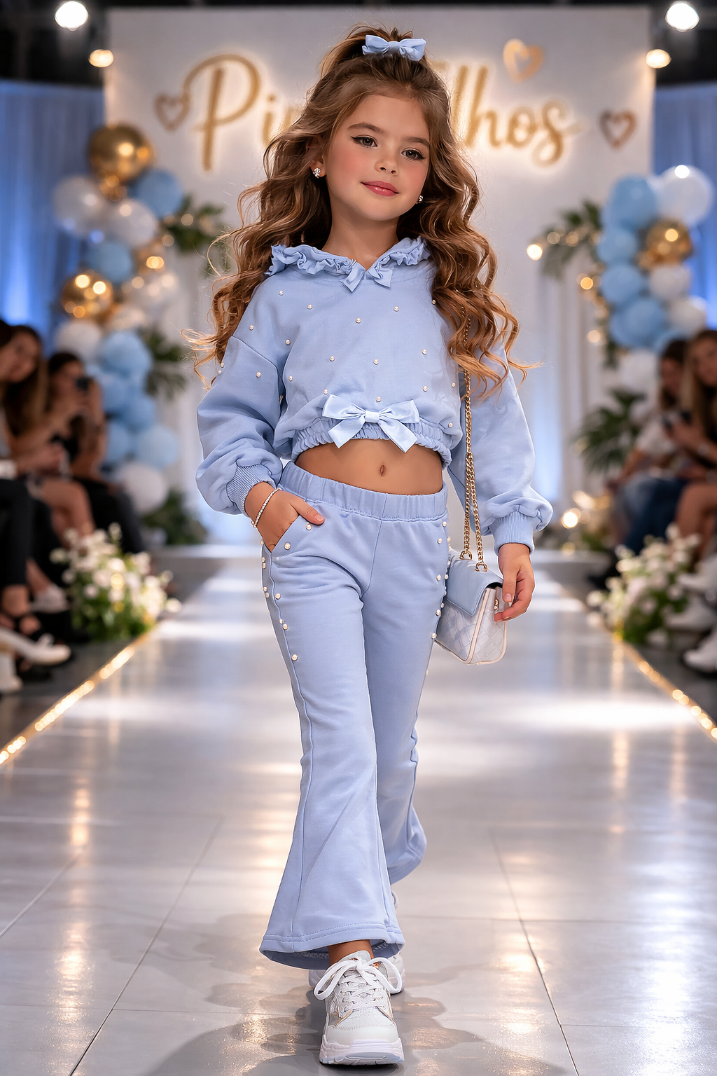 Conjunto infantil azul claro com sweat cropped e calças decoradas com pérolas e laços, usado por menina numa passarela.