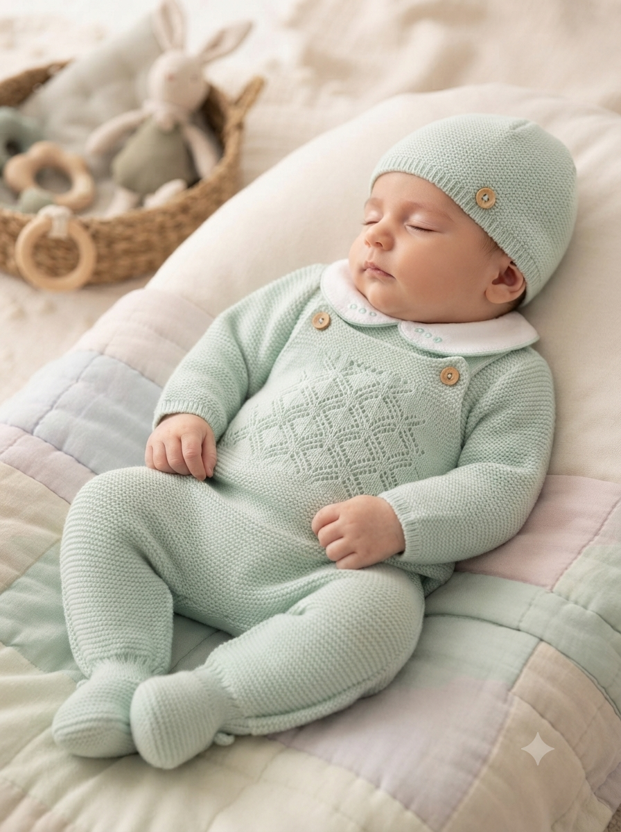 Bebé vestido com roupa verde-água em malha com detalhes e gorro, deitado numa manta acolchoada com brinquedos ao fundo.