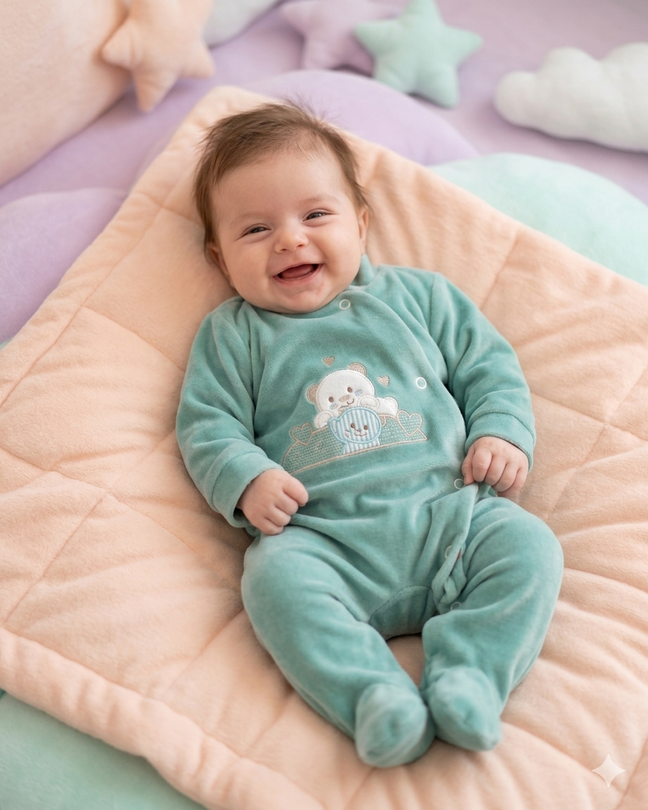 Bebé sorridente vestido com pijama verde água bordado com ursos, deitado sobre almofada cor de pêssego