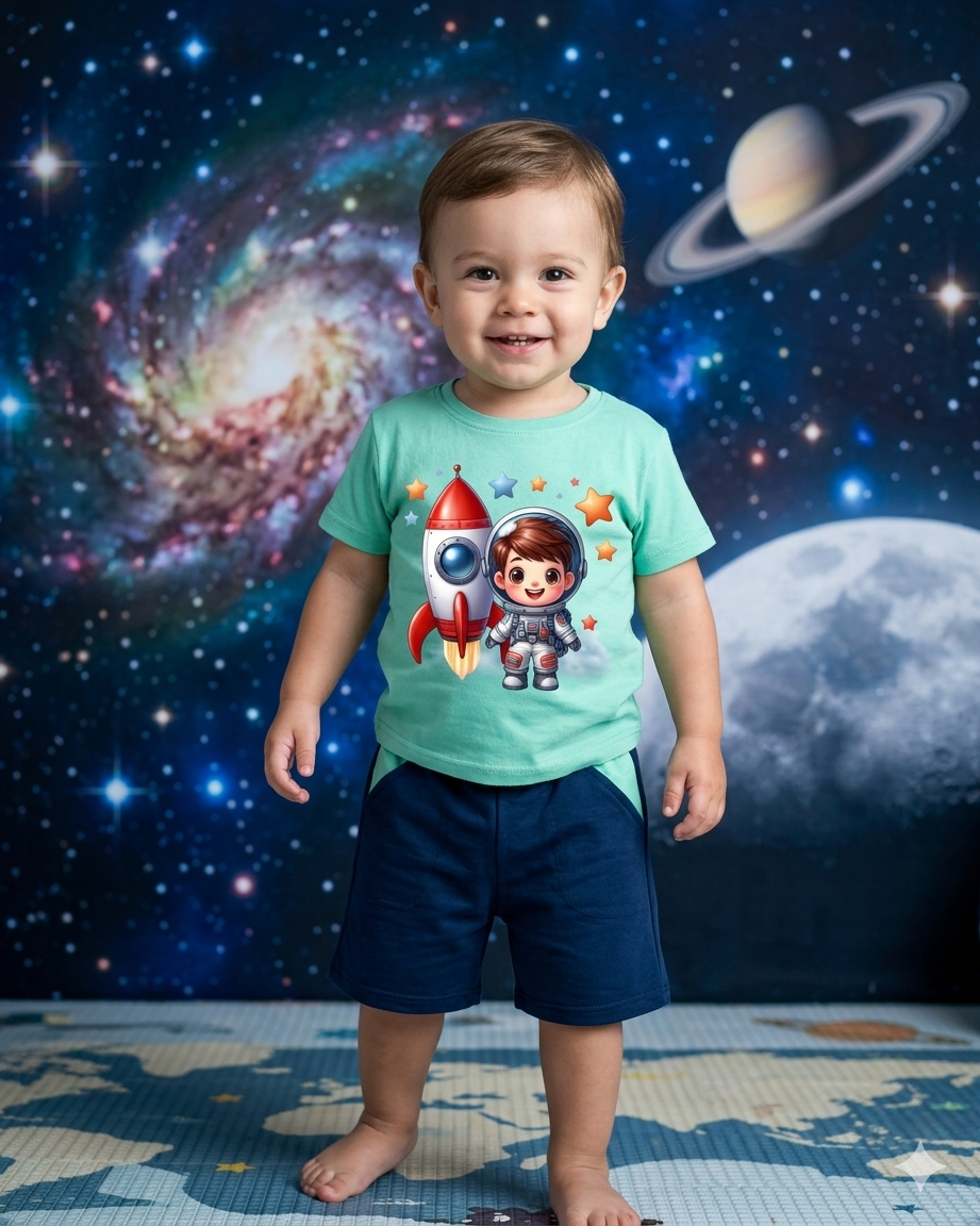 Criança de pé com camiseta verde-água de astronauta e calções azuis escuros em fundo de espaço e tapete com mapa.