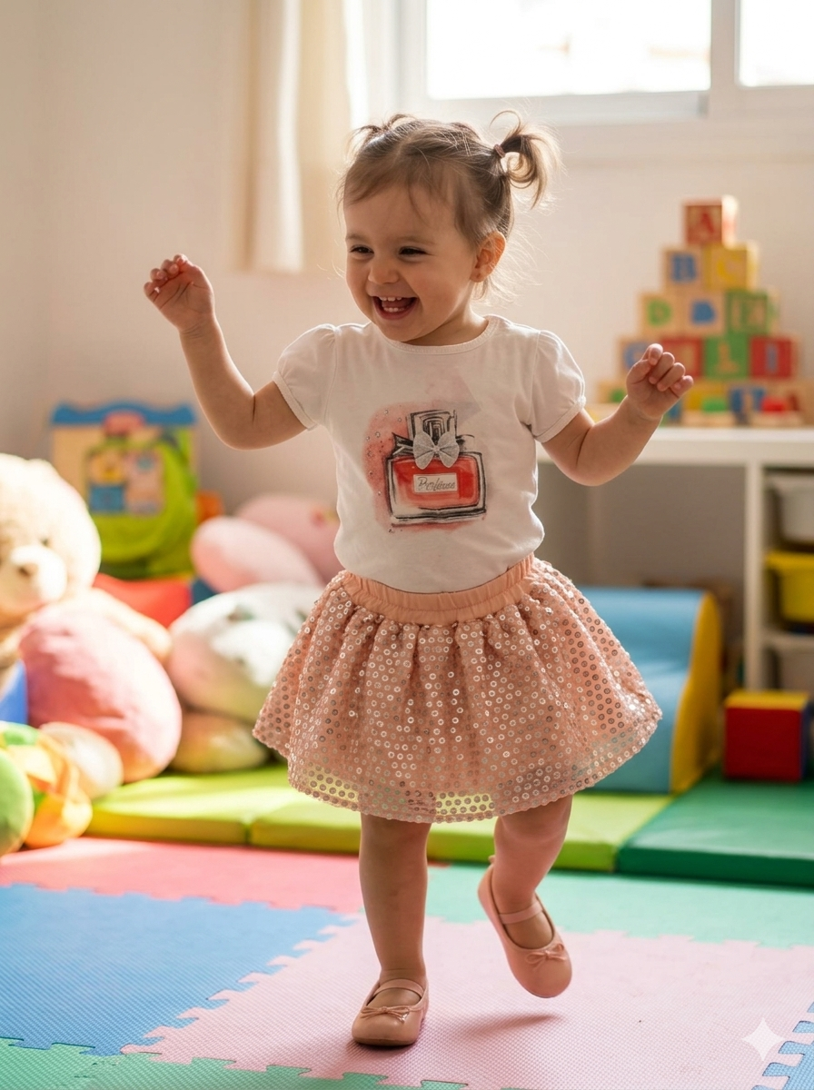 Criança feliz vestindo roupa cor-de-rosa e branca em ambiente de brincadeira colorido