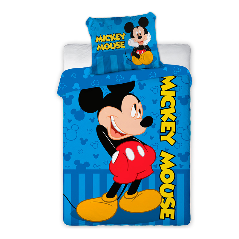 Roupa de cama azul infantil com estampado do Mickey Mouse e texto MICKEY MOUSE