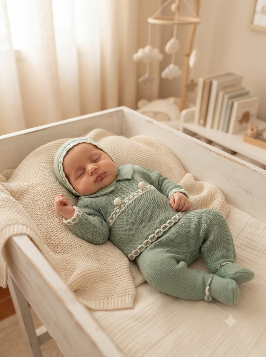 Bebé vestido com roupa de malha verde deitado numa cama branca com mantas bege, à sua volta decoração neutra e livros.