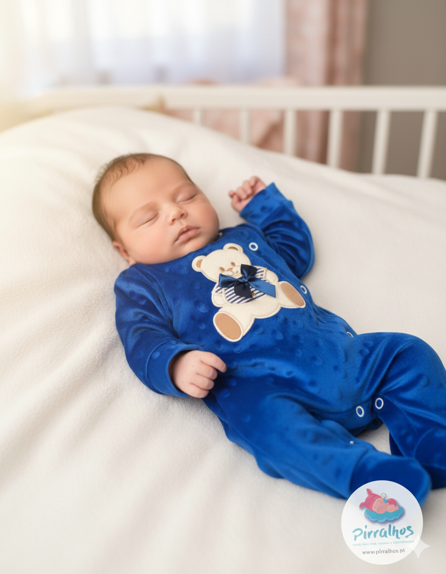 Bebé a dormir com fato de ursinho azul num berço.