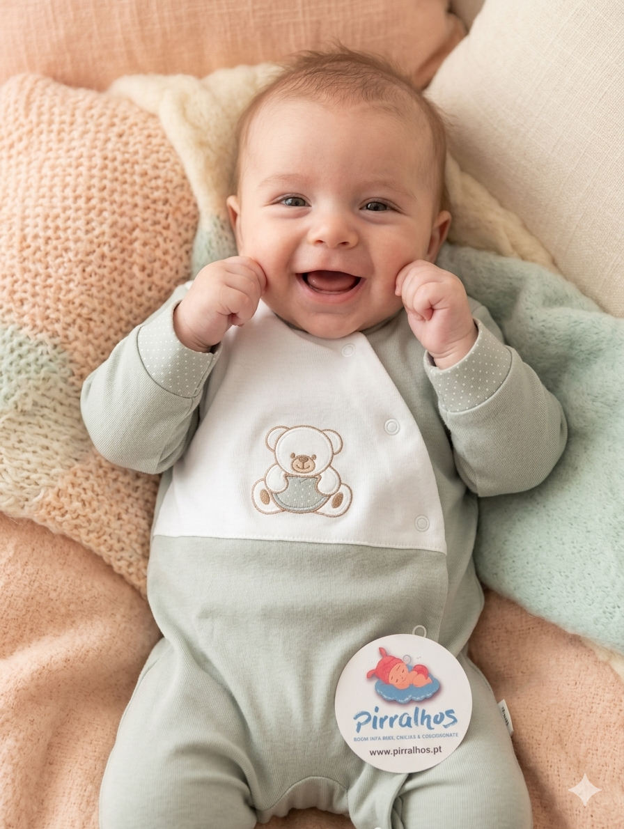 Bebé de macacão verde claro com ursinho bordado sobre mantas pastéis com etiqueta redonda pirralhos