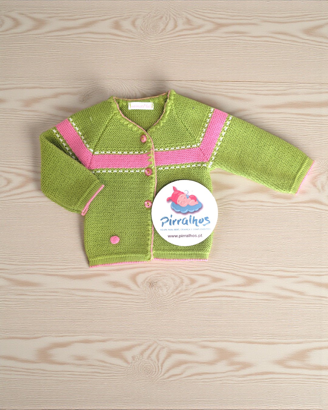 Casaco de malha verde e rosa para bebé