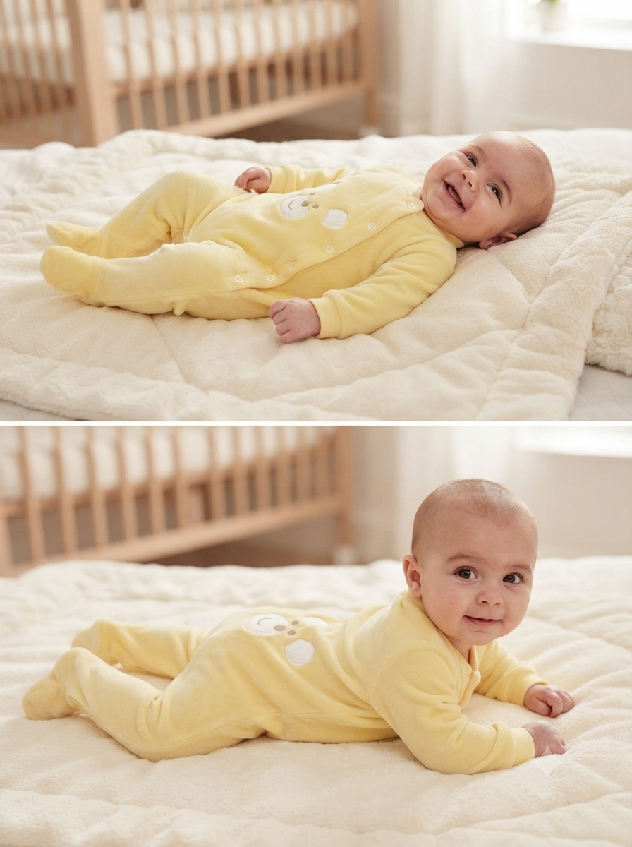 Bebé de macacão amarelo com ursinho deitado e de bruços numa cama clara com berço de madeira ao fundo