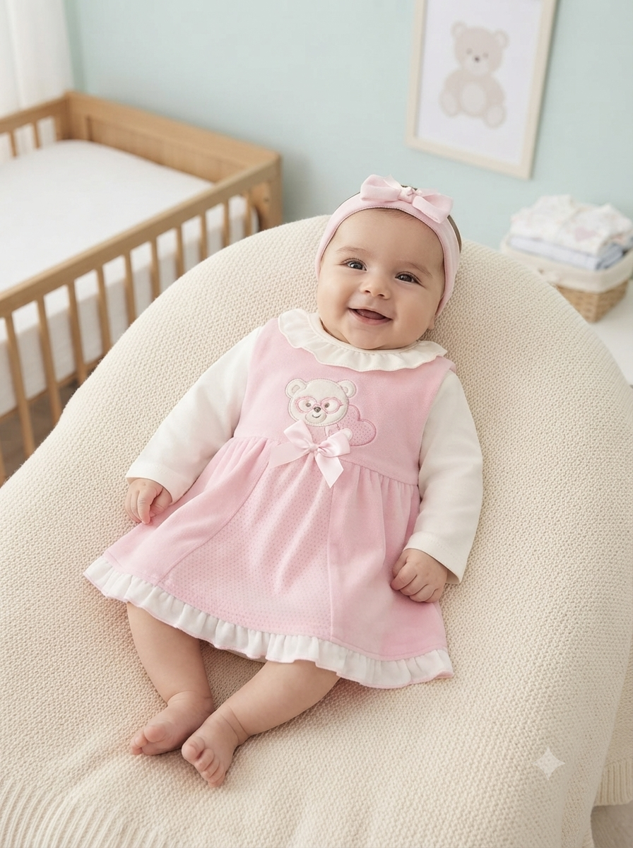 Bebé com vestido rosa bordado de urso sentada numa cadeira creme, berço de madeira ao fundo