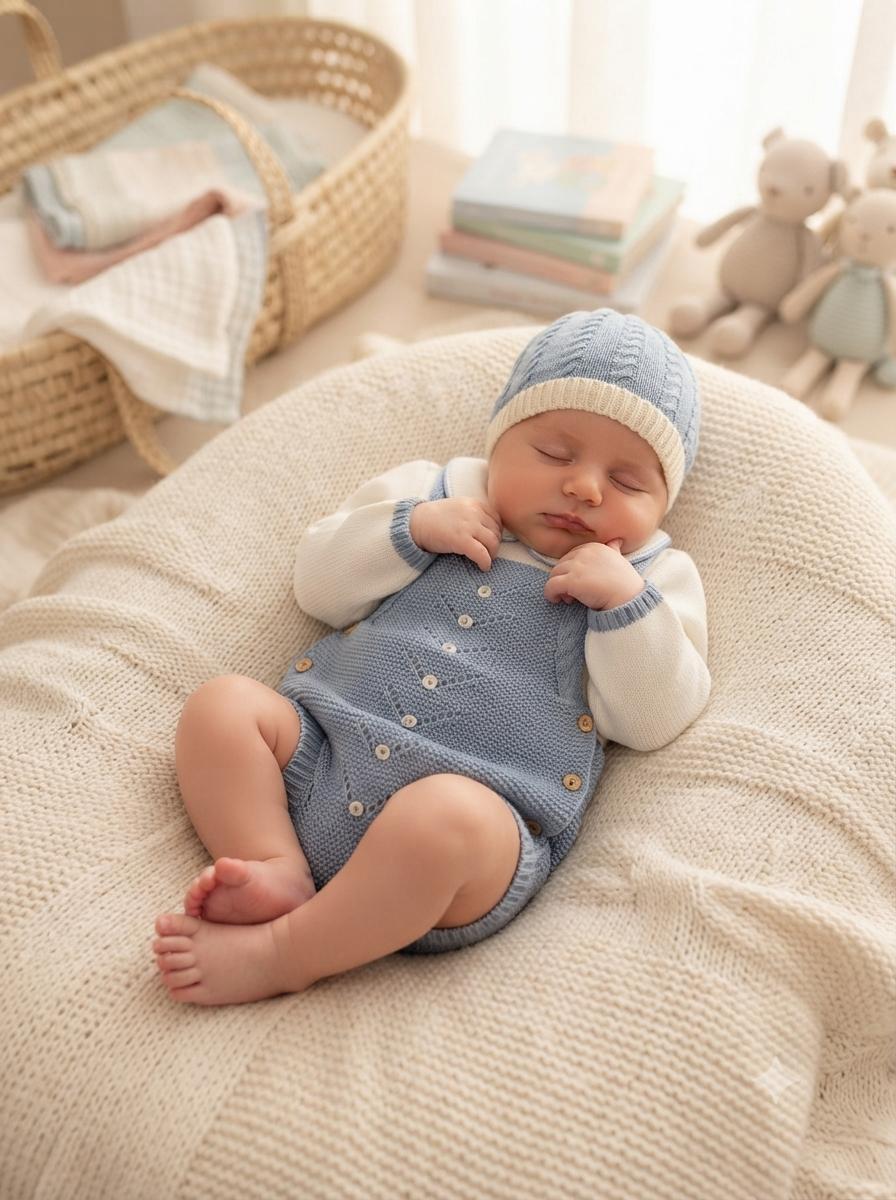 Bebé vestido com macacão azul claro e touca, deitado em almofada creme tricotada