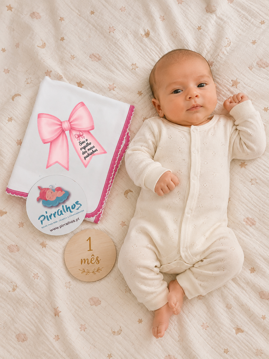 Bebé com fato creme numa manta decorada com estrelas e luas, ao lado de pano branco com laço rosa e texto, etiqueta da marca e placa de madeira com data
