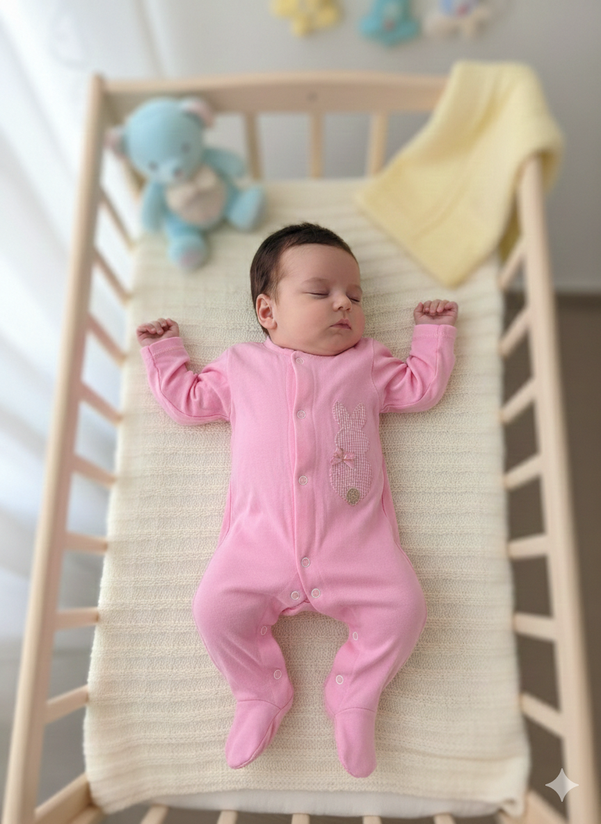 Bebé a dormir num macacão cor de rosa numa cama de grades de madeira clara