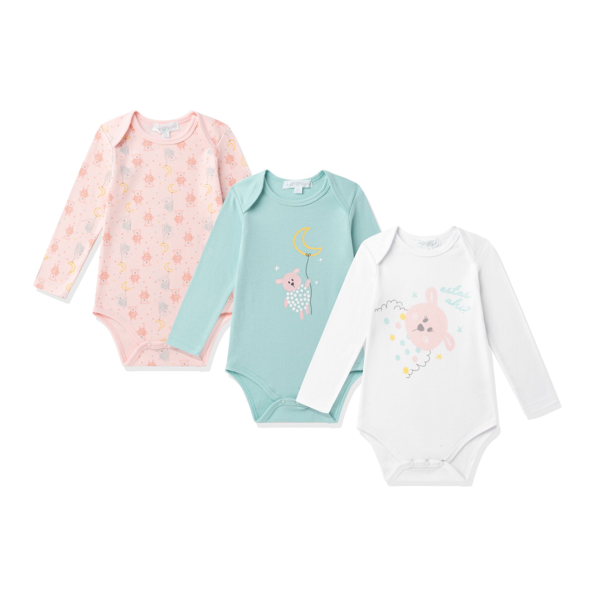 Três bodies de bebé coloridos com padrões e desenhos animados