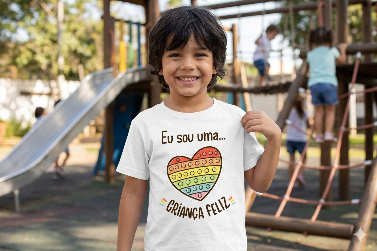 Camiseta branca infantil com estampa colorida de coração pop-it e texto em português usada por criança sorridente num parque