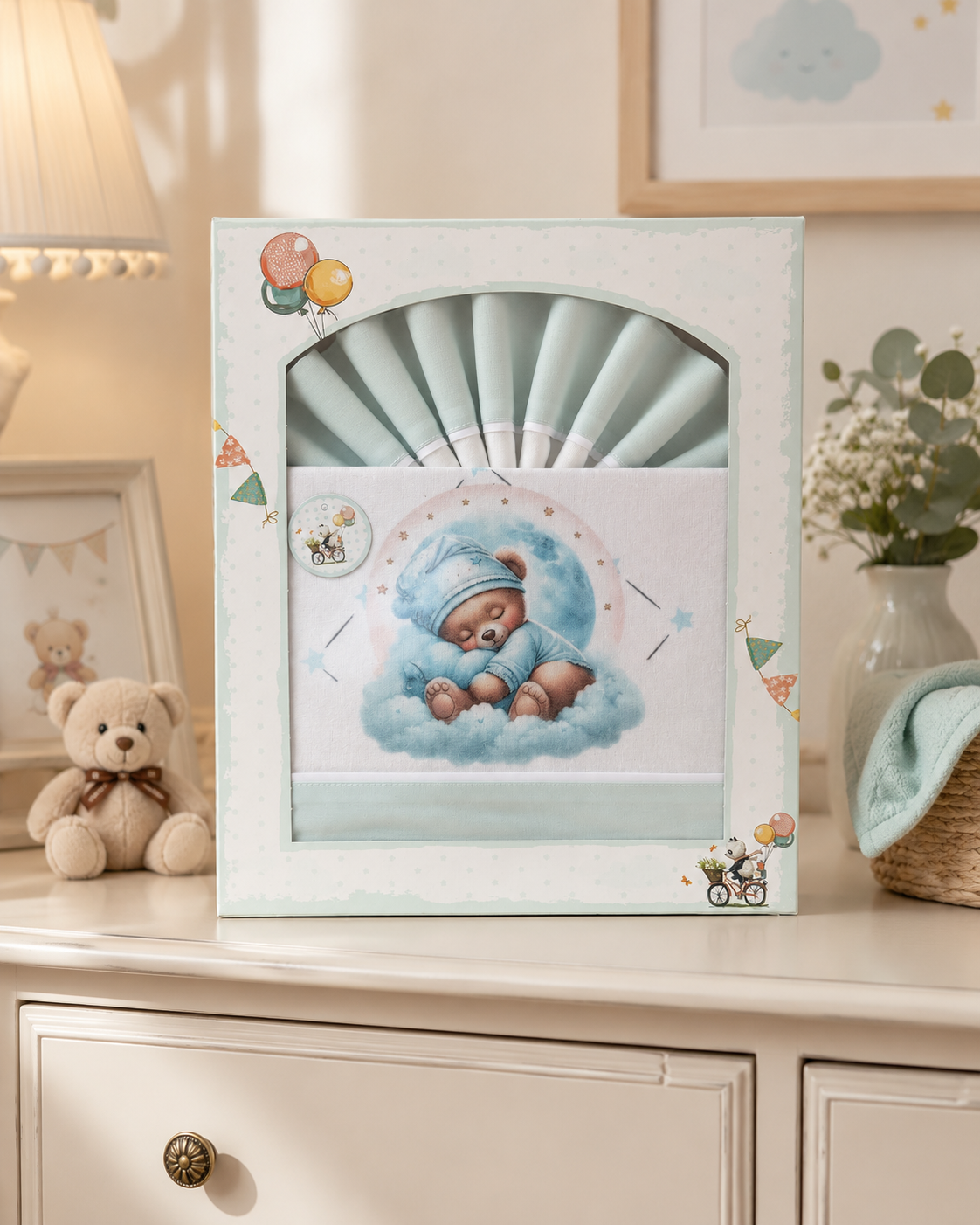 Jogo de cama infantil com ursinho bebé azul em embalagem decorada