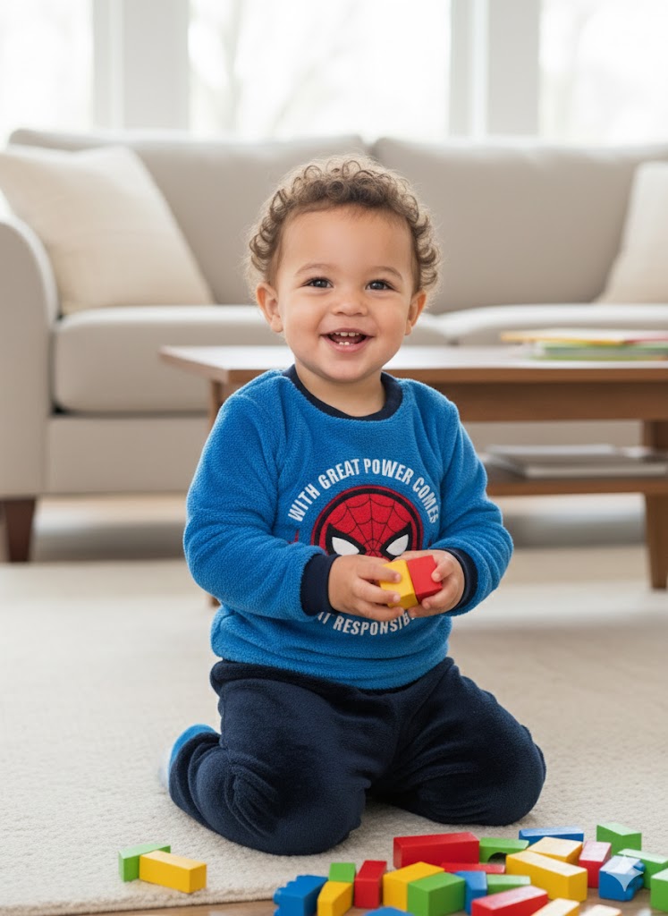Criança sentada a jogar com blocos coloridos num tapete junto a sofá e mesa de madeira