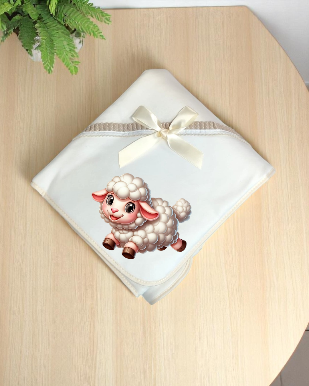 Fralda branca com ovelha estampada e laço creme numa mesa de madeira clara.
