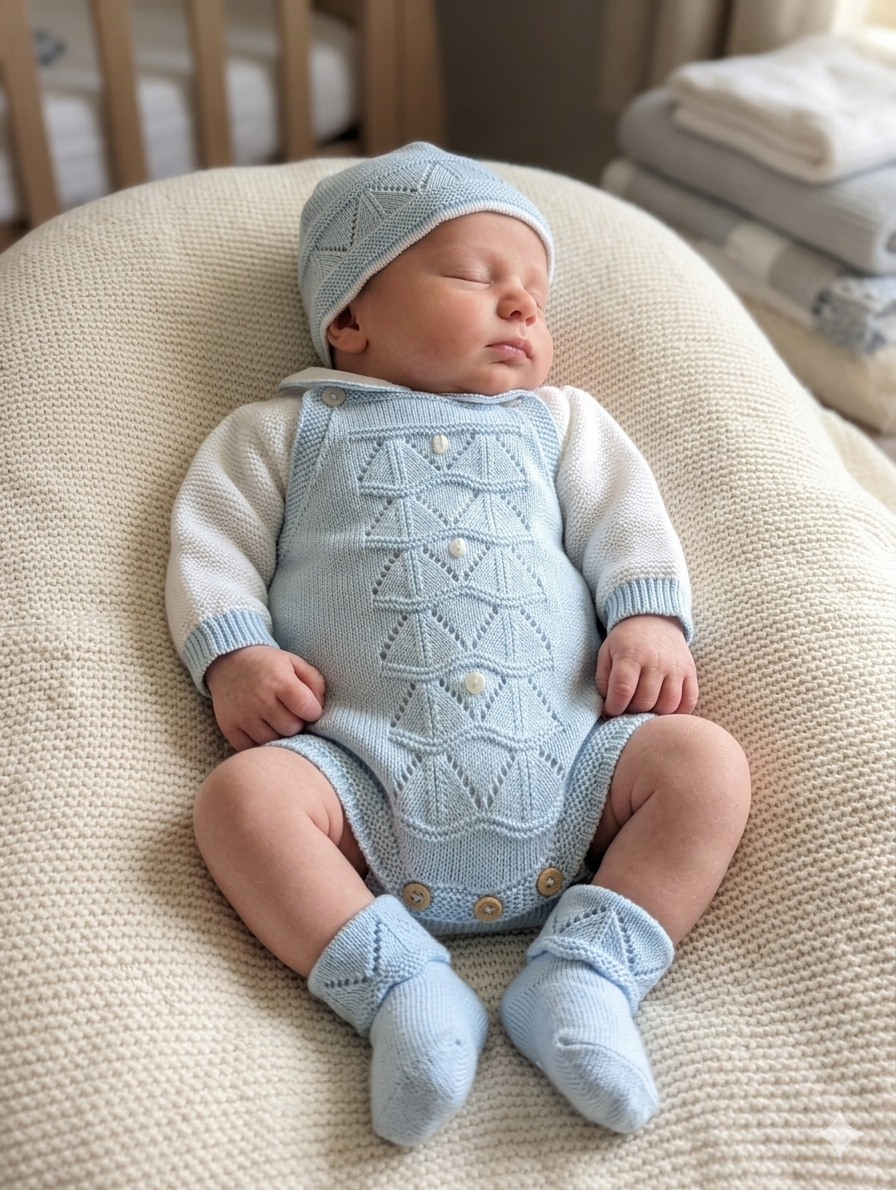 Bebé vestido com macacão de malha azul, cardigan branco, gorro e botins azuis deitado numa almofada bege.