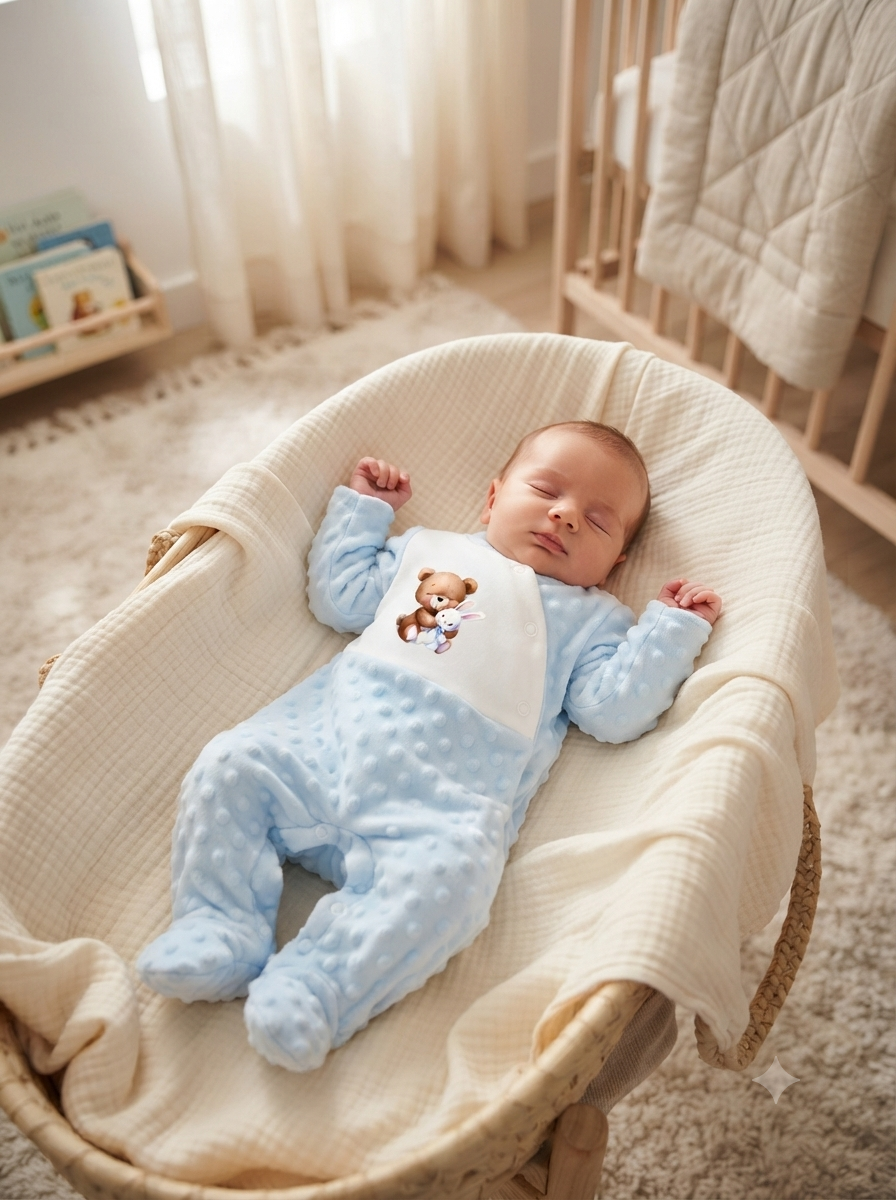 Bebé a dormir vestido com macacão azul claro com ursinho e coelhinho, numa cama de verga e tecido creme.