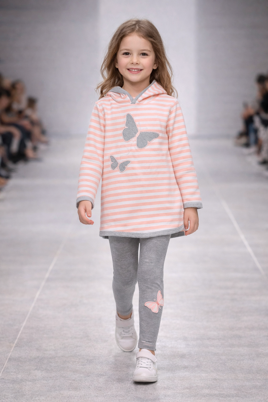 Menina a andar numa passadeira vestindo túnica rosa às riscas com borboletas cinzentas e leggings cinzentas com borboleta rosa.